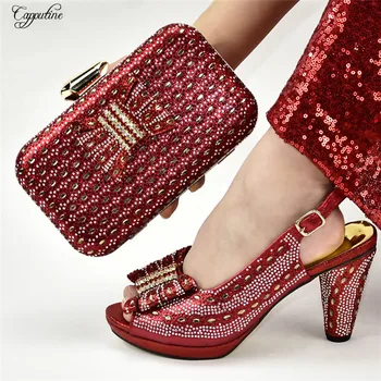 

Latest party set red high heel pump shoes and purse bag set with rhinestones 688-19 heel height 10.5cm