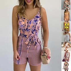 Mono estampado de verano para mujer con cinturón sin mangas para la playa mono ajustado con correa mono de pierna ancha ropa de juego