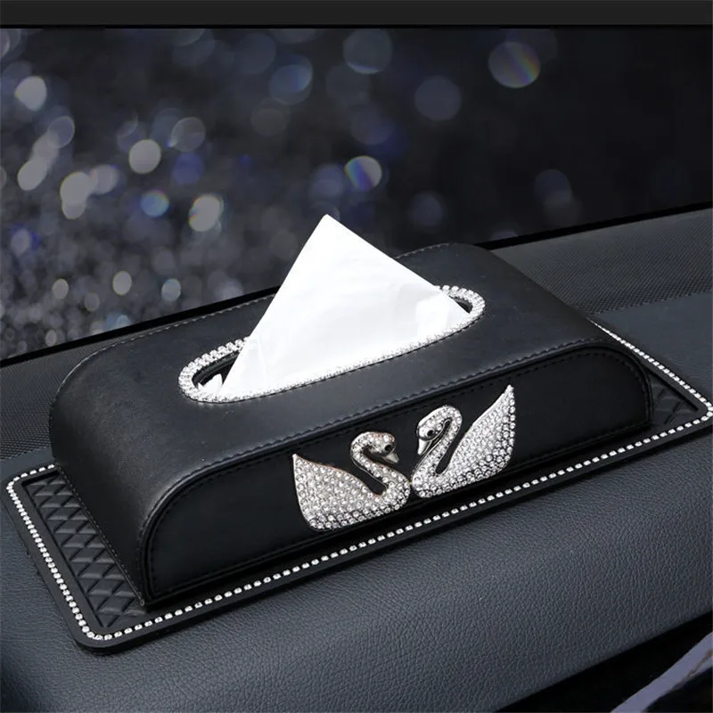 

Creative Double Swan Diamond Car Tissue Boxes Microfiber Leather Napkin Paper Box Auto Center Console Seat Armrest-Type