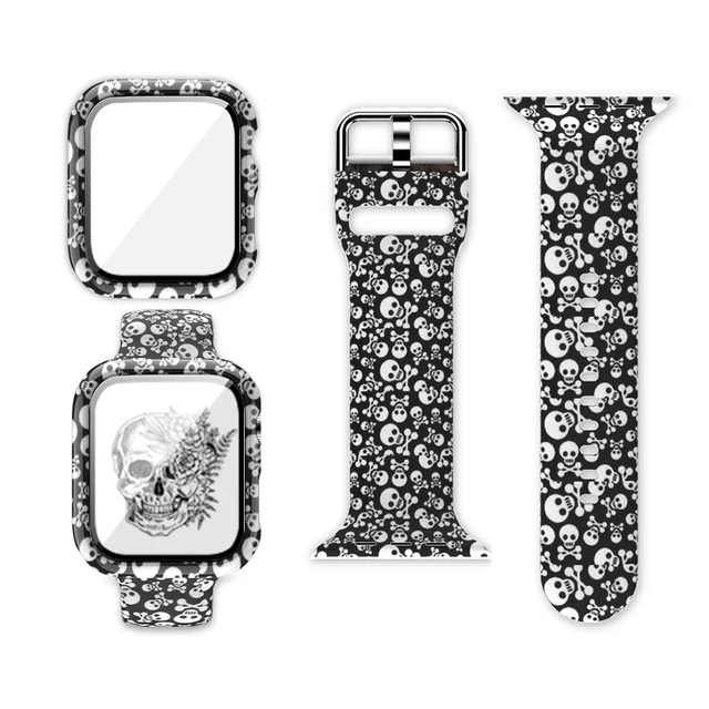 Case+Bands for Apple Watch Band 44 40 42 38mm with Screen Protector Cover, Glass+Silicon Wristband Strap for iWatch SE 654321 Skull