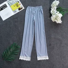 Women Satin Sleep Bottoms Sexy Lace Trousers Elastic Waist Flower Print Home Wear Silk Nightwear Sleep Lounge Home Pants