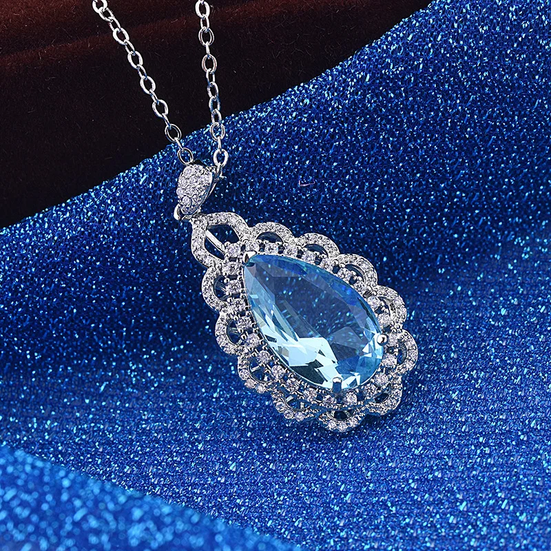 PANSYSEN Новая мода Seablue Аквамарин Топаз серебро 925 ювелирные изделия кулон ожерелье s для женщин 13x20 мм серебряное ожерелье с драгоценными камнями