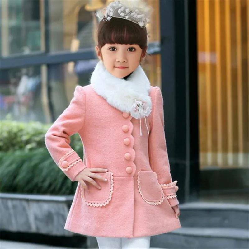 Baby Girls Autumn Winter Wool Coat Fashion Long Sleeve Soild Single-Breasted Outwear High Quality Long Toddler Girl Coats 4-15T