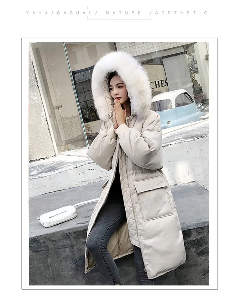 Корейский стиль, модное зимнее пуховое пальто Dongdaemun, большой меховой воротник, белый утиный пух, свободный, длинный пуховик для женщин