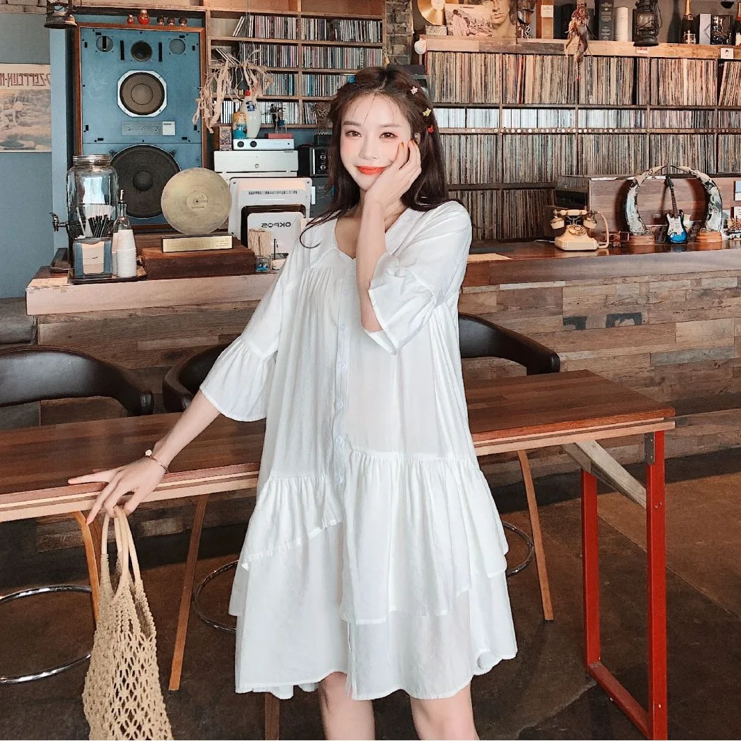 

Photo Shoot CHIC Gentle White Mid-length Loose-Fit Fold-down Collar Single Breasted Irregular Joint Fairy Shirt Dress