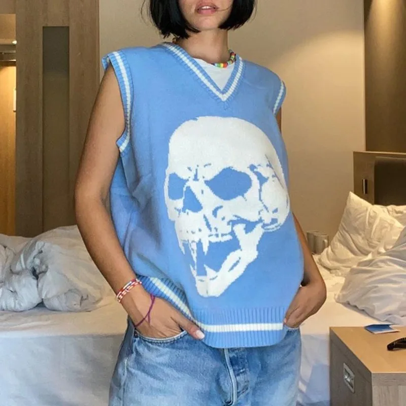 

FIXSYS V Neck Skulls Print Autumn Sweater Vest Fashion Loose Pullover y2k Top Jumpers Harajuku Knitwear Woman Sweaters 2020