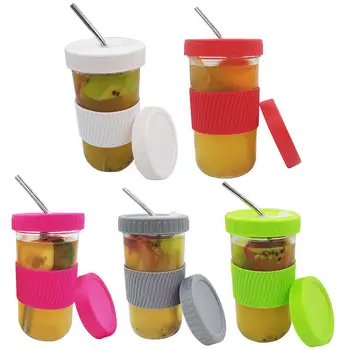 

Reusable Smoothie Cups Boba Tea Cups with Lid and Straw Bubble Tea Cup Glass Tumbler Travel Mug Wide Mouth Mason Jar Cups