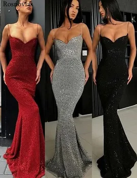 

Sexy Sparkle Mermaid Evening Dresses 2019 Spaghetti Strap Backless Sweep Train Formal Prom Party Dresses Long Vestido De Fiesta