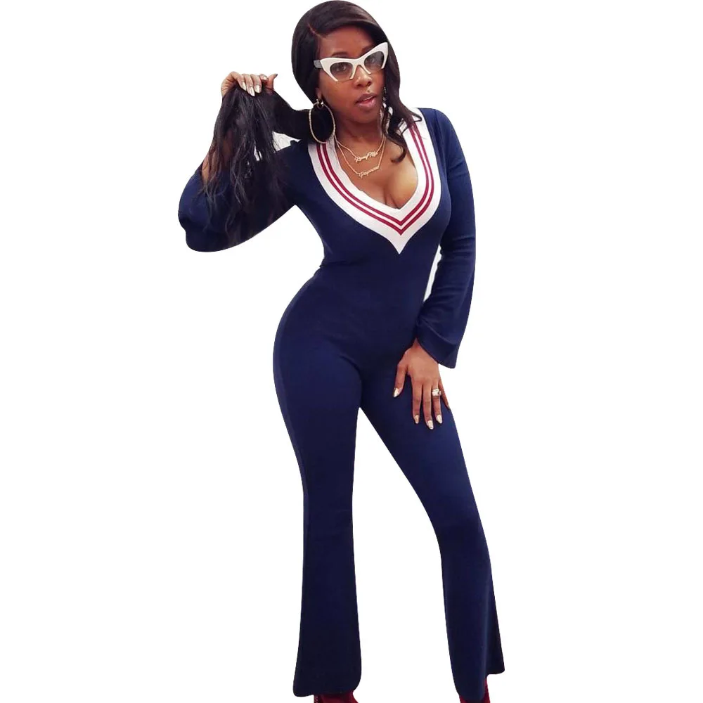 

Echoine Long Sleeve Women Jumpsuit Striped Patchwork Bodycon Bodysuit Rompers V-neck Sexy Skinny Playsuit Flare Pants Overalls