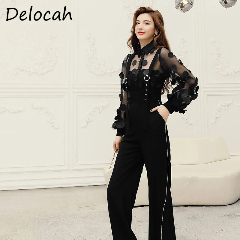

Delocah Autumn Women Fashion DesignerÂ Pants Set Lantern Sleeve Appliques Loose Blouses+Sexy Cami Print Long Pants 2 Pieces Suits