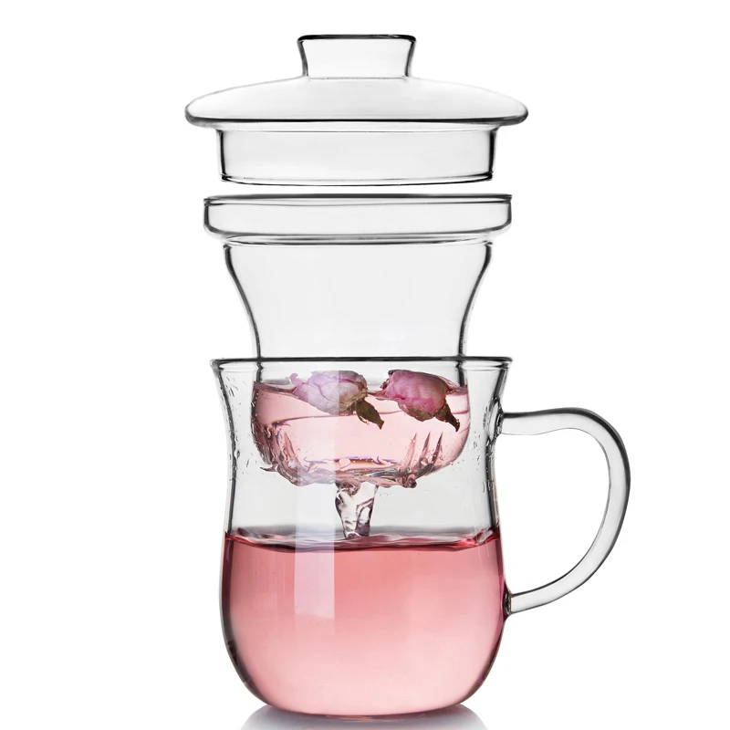 Coffee Tea Mugs Clear Glass Cup Set Infuser Filter Lid Transparent Water Cups