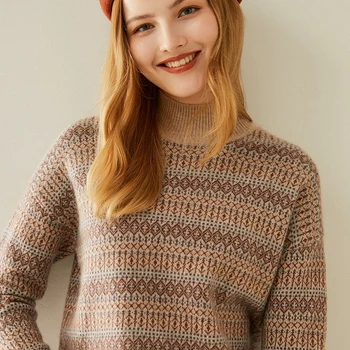 

Tailor Shop Custom Made Half Turtleneck Pure Cashmere Short Sweater Striped Loose Version Short Pullover Knit