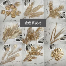 Gold -Ton Serie Kunststoff Künstliche Blumen 5 Gabel Eukalyptus Ginkgo Blatt Münzen Blatt Herz Gras Hochzeit Festival Dekoration
