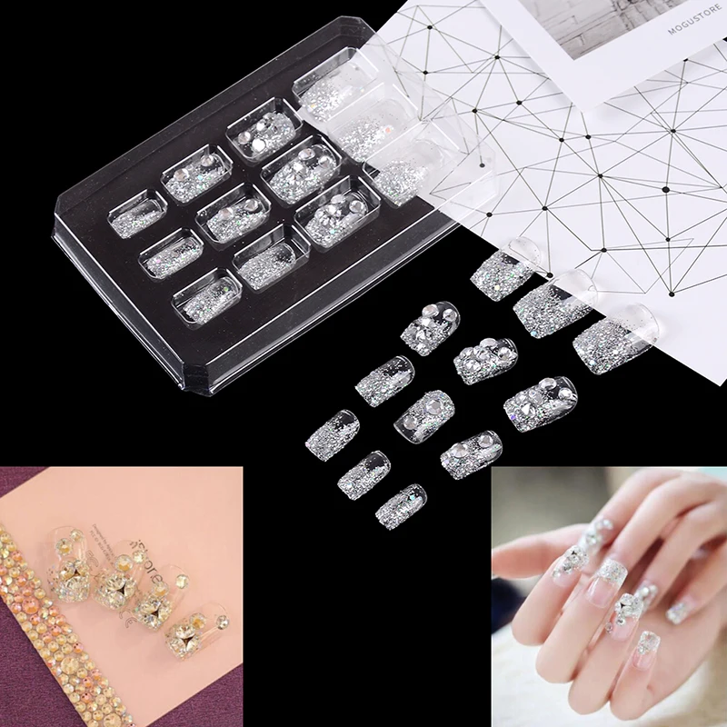 24pcs/Set Pretty Rhinestone Decor Wedding Bride Nail Art Tips Short Design Full Cover Glitter False Nails