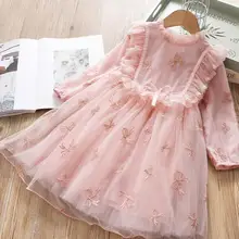 Вечерние сетчатые платья для девочек; весенние милые детские кружевные платья принцессы с длинными рукавами; Размеры 100-140 см