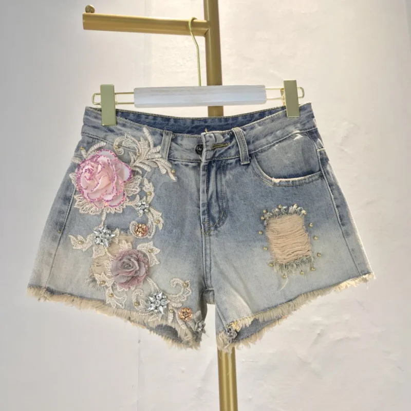 

European Station 2020 Summer New Loose Loose Thin Denim Shorts Female 3d Flower Raw Edge Denim Shorts Female Hot Jfmhrx