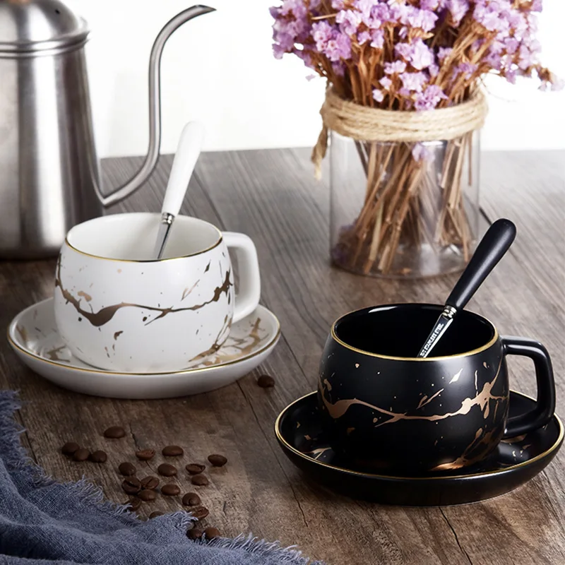 

Ceramic Coffee Cup Set Casual Coffee Cup Saucer + Spoon Black and White Mug Office Water Cup Tracing Phnom Penh Gift Cup