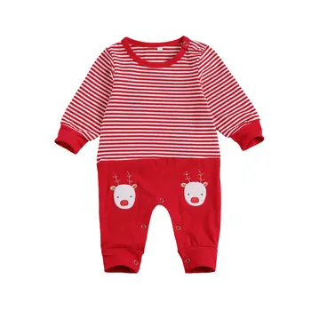 

FOCUSNORM Christmas 0-18M Newborn Baby Girls Boys Rompers Striped Print Patchwork Long Sleeve Jumpsuits