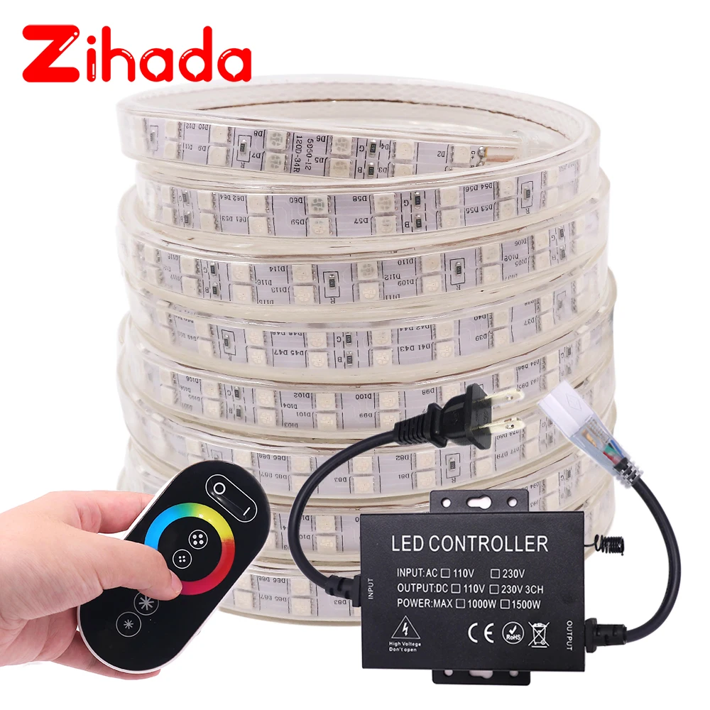 #cheap 5050 RGB LED Strip Lights 220V Waterproof 60LEDs m 120LEDs m Flexible Tape LED Light Strip For Home Decoration With Touch Remote