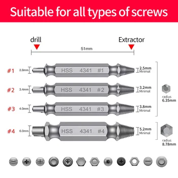 

JAYOBO 4PCS HSS Screw Extractor Drill Bits Out Remover Bolt Stud Tool Bolt Extractor Set ExtentionStripped Screw Remover Tool