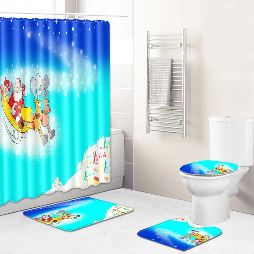 

T 4 Piece Shower Curtain Bathroom Carpet 3D Bath Mat Anti Slip Toilet Rug Set for Home Decor Kitchen Doormat Christmas Rugs