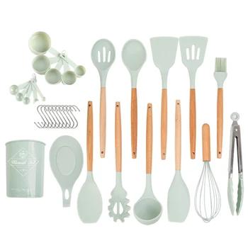 

24pcs/set Kitchen Utensil Silicone Cooking Tools Chef Spoon Storage Bucket Spatula Wooden Handle Beater Food Clip Non Stick