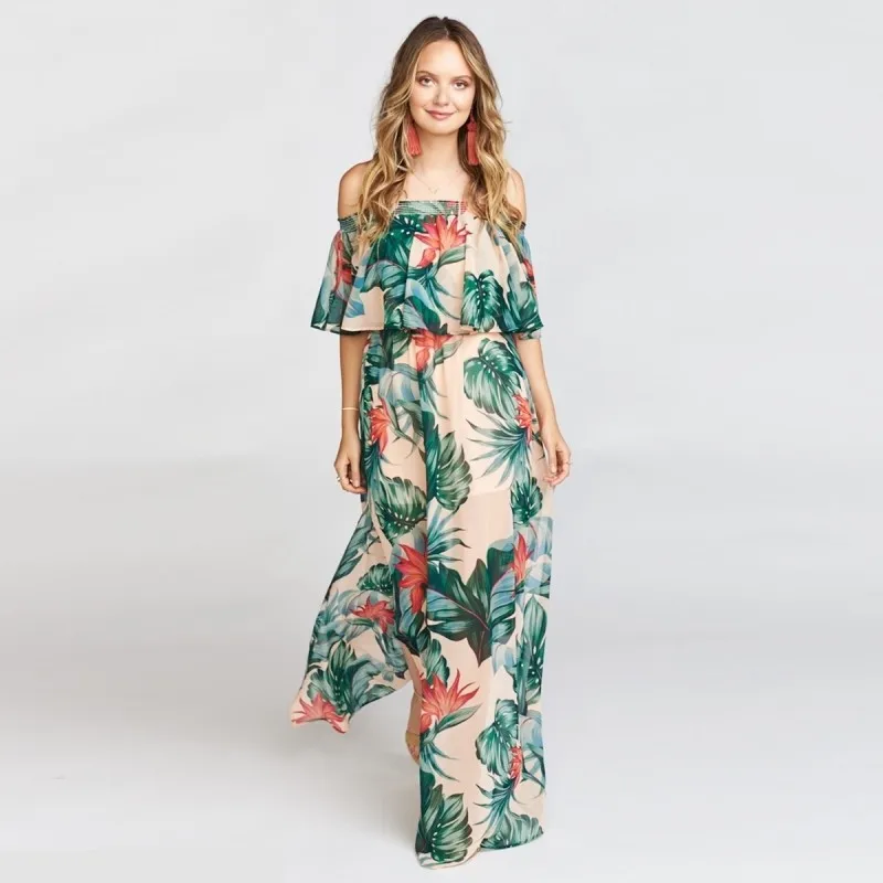 

Summer Floral Strapless Maxi Holiday Dress Casual Split Print Long Beach Dress Sexy Sleeveless Chiffon Ruffle Fashion Dresses