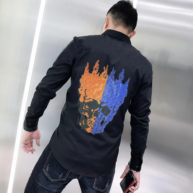 Pure Color Hot Diamond Rhinestone Design Men's T-Shirt Trend Youth Long-Sleeved Skull Personality Lapel Tops Spring