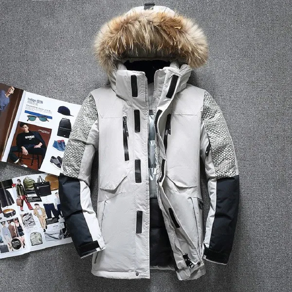 grey Новое поступление, зимняя высококачественная мужская куртка с капюшоном и воротником из меха енота, армейское зеленое мужское теплое пальто 1798 - Цвет: grey