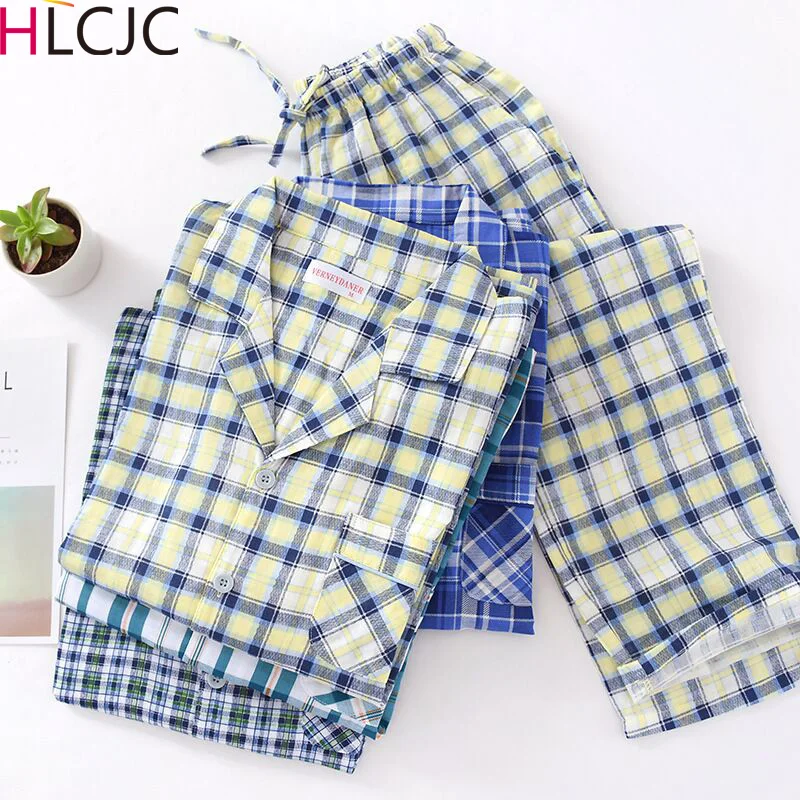 

Classical M-3XL Men Pajama Set Spring And Autumn Long Sleeve Cotton Gauze Man Pyjamas Plaid Pajamas Plus Size Casual Sleepwear Pijama Hombre