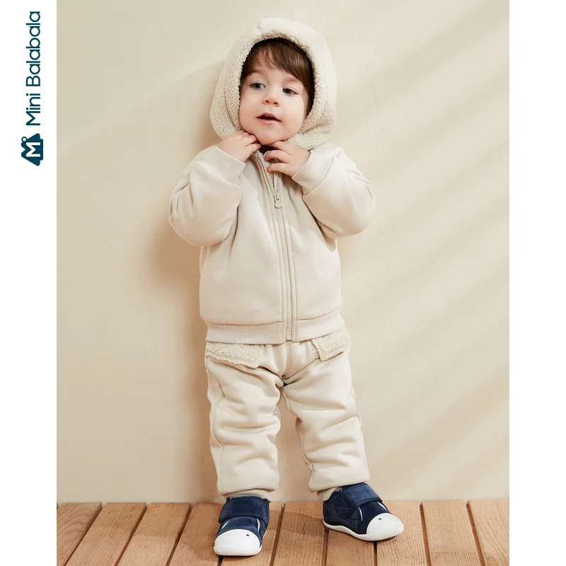 Minibalabala Baby long sleeve suit boys and girls baby quilted plus velvet two-piece suit 2019 wint