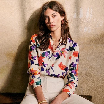 

Floral Print Silk Shirt Women Summer Elegant Long Sleeve Buttons Up Casual Blouse 2020 Chic Office Lady Women Shirts Automne