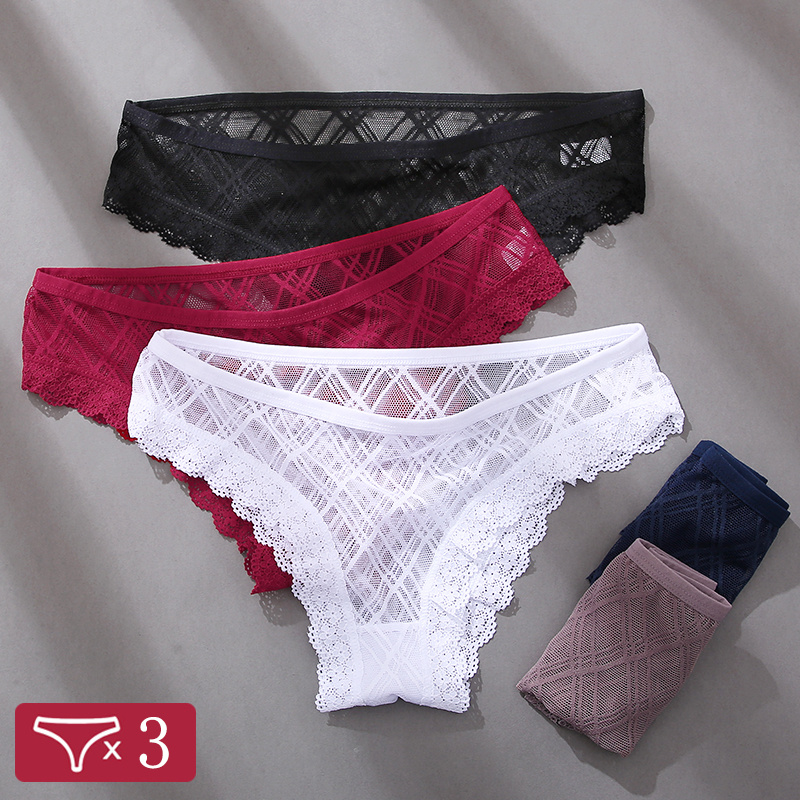  3Pcs/Set Mesh Briefs Big Size M-2XL Lace Hollow Out Panties Sexy Transparent Underwear Low Rise Panties Girls Intimates Lingerie 