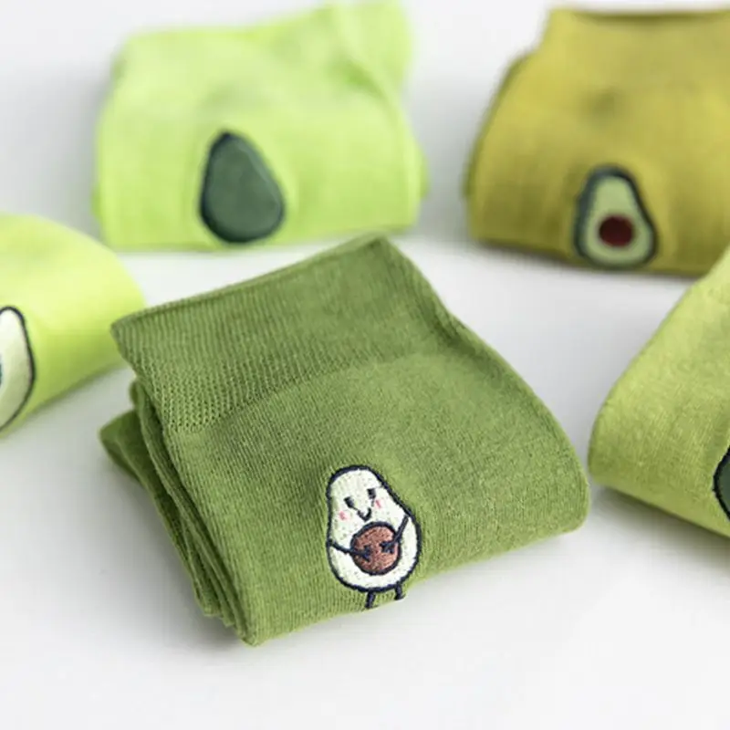 5 пар, женские хлопковые зеленые уличные носки с вышитыми фруктами и авокадо