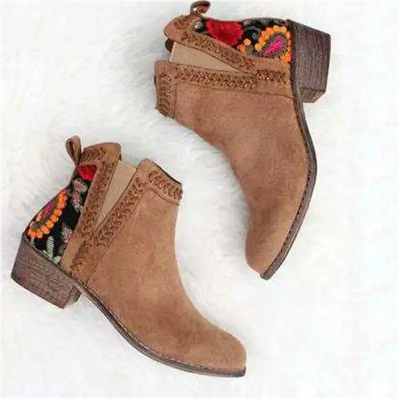 Houlife Fashion Warm Autumn Winter Women Ankle Boot Embroidery Flower Suede Platform Slip On Female Short Shoes Flats Plus Size