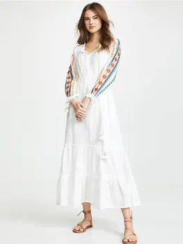 

Summer new styles of ethnic style embroidered white loose long dress Bohemian tourism v-neck holiday island beach dress