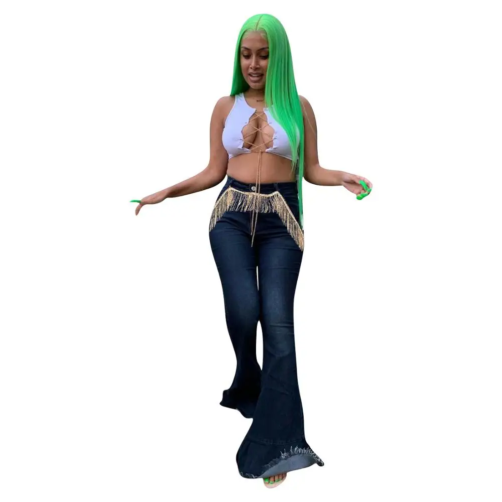 

Echoine Slim Bodycon skinny Bell-Bottoms Flare Denim Pants Women Tassel Fringe Wide Leg mom Jeans Plus Size Woman Trousers