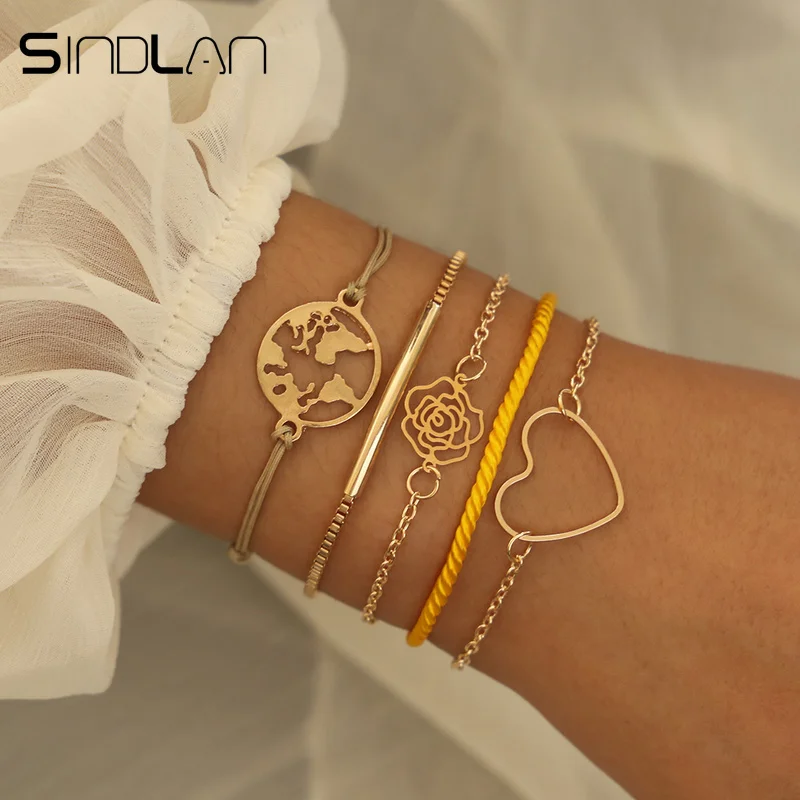 

Sindlan 5PCs Big Hollow Heart Rose Bracelets for Women Vintage Gold Map Wrist Chain Boho Bangles Statement Bracelets Jewelry