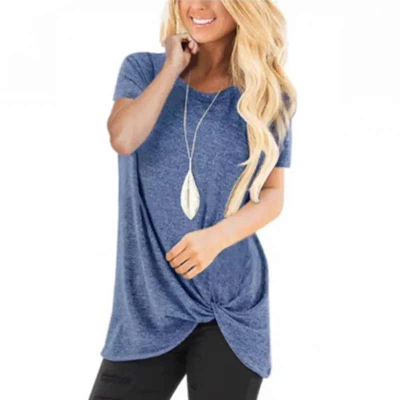 

2019 Spring Summer New Fashion Women Clothing Short Sleeve Round Collar T-shirt Sweet Style Size S To XXL Solid Color Long Shirt
