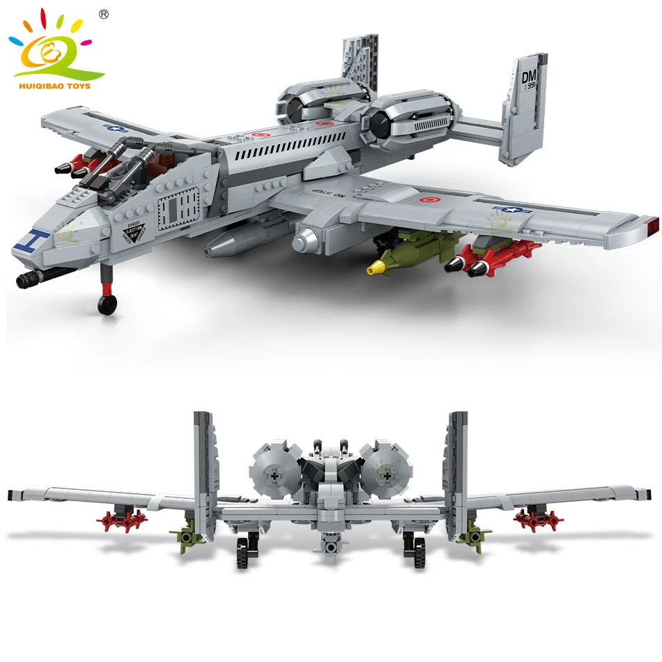HUIQIBAO 1050PCS US A-10 Attack Warthog Airplane Building BlockS Military Army City Plane Model Bricks Children Toys For Boy