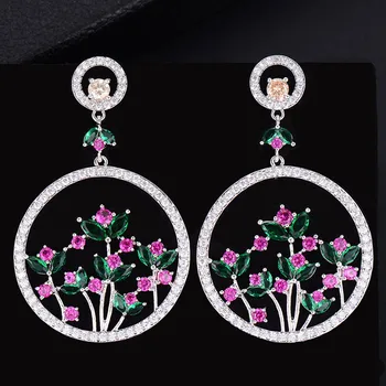 

LARRAURI Trendy Multicolor Cubic Zirconia Round Hollow Flower Pendant Earrings Wedding Bridal Dangle Earrings For Women Jewelry