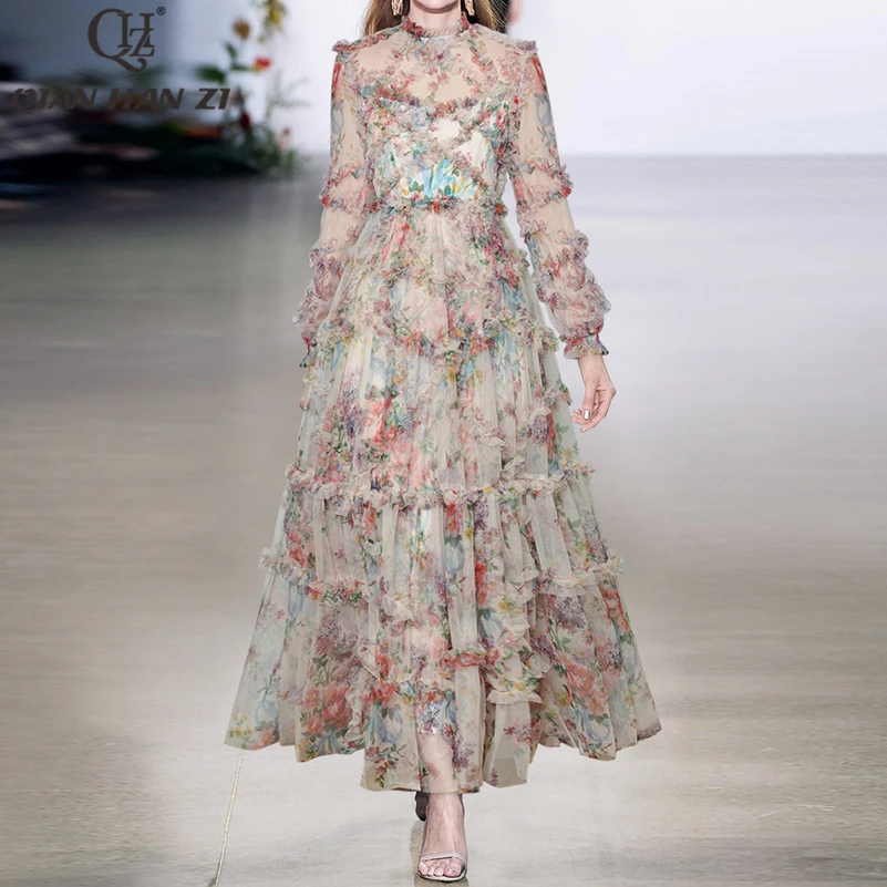 

Женское длинное платье Qian Han Zi, подиумное элегантное Сетчатое платье с длинным рукавом и оборками, облегающее пляжное празднивечерние платье макси для отдыха, лето