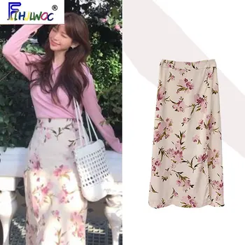 

Womens Summer Skirts Hot Sales Korean Japanese Style Flhjlwoc Design Date Fashion Floral Printed Vintage High Waist Skirt Long