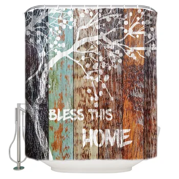 

Shower Curtain Waterproof Polyester With 12 Hooks Tree Colorful Wood Grain Background Family Well