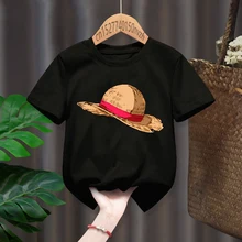 

2021 New Straw hat Print Red Kid T-shirts Children Baby Black Harajuku Kawaii Clothes Boy Girl Tops Gift Present ,Drop Ship