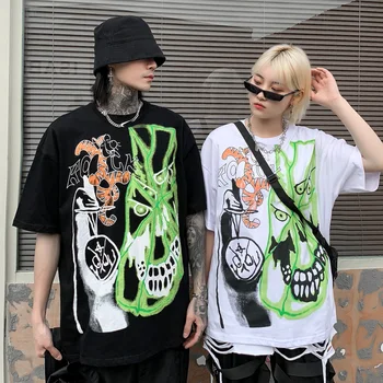 

Pure Cotton 2020 Summer Skull Devil Printed Men/Women T-shirt Hiphop Half Sleeve Round Neck Loose Streetwear Unisex Top Tee