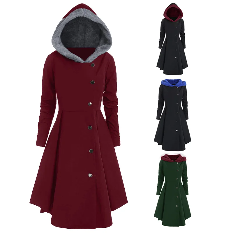 Plus Size Asymmetric Contrast Hooded Skirted Long Coat Women Autumn Fly Coat Open Front Vintage coat Elegant Outwear