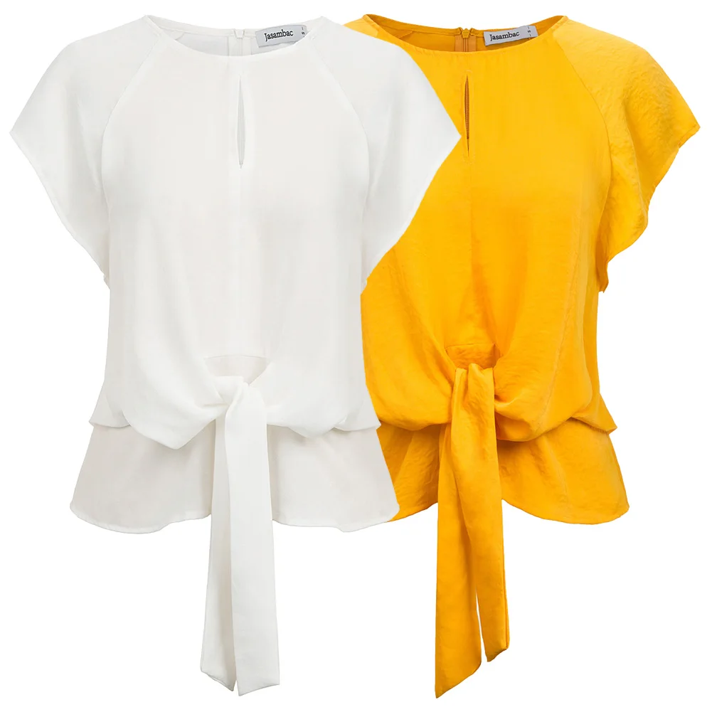 Jasambac 2020 Fashion Tops Women's Summer Short Raglan Sleeve Ladies Scoop Round Neck Tie Details Tops Solid Color High Quality