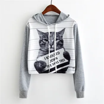 

Artguy Women Fashion Harajuku Hoodies Sweatshirt Casual Long Sleeve Pullover Cute Cat Print Gray Crop Top For Autumn Winter