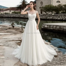 Простое свадебное платье в стиле бохо, кружевные аппликации, круглый вырез, короткий рукав, мягкие свадебные платья из фатина с коротким шлейфом, Vestidos de Noiva